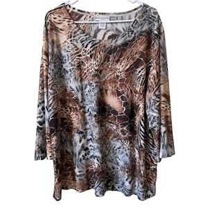 REBECCA MALONE Woman 1X Animal Print Long Sleeve Top Tunic Brown Multi